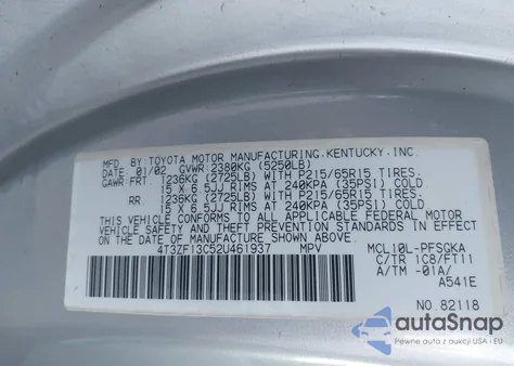 2002 Toyota Sienna Le z USA, uszkodzony, nr VIN 4T3ZF13C52U461937